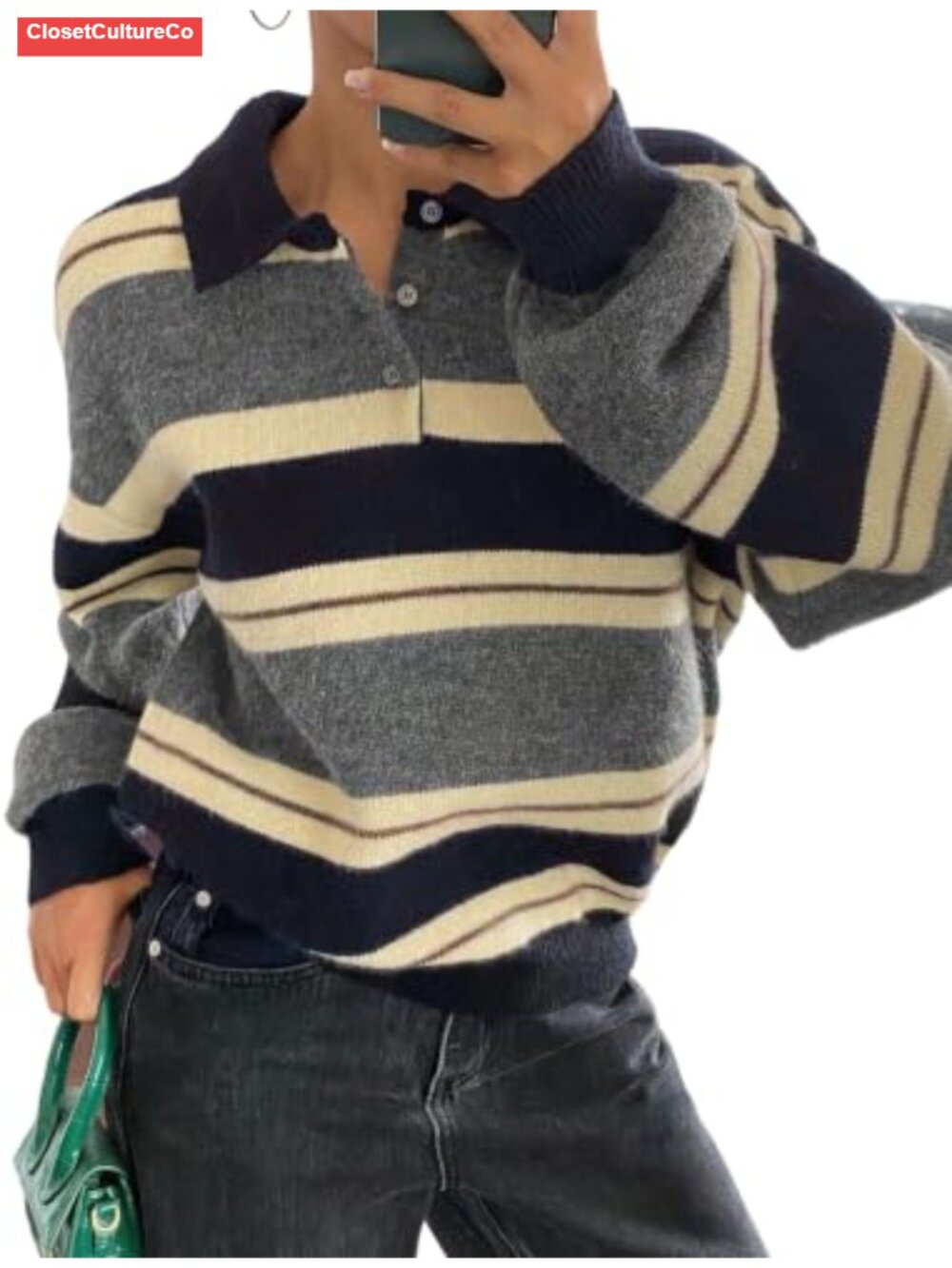 Oversized Striped Button Up Sweater V Neck Long Sleeve Pullover